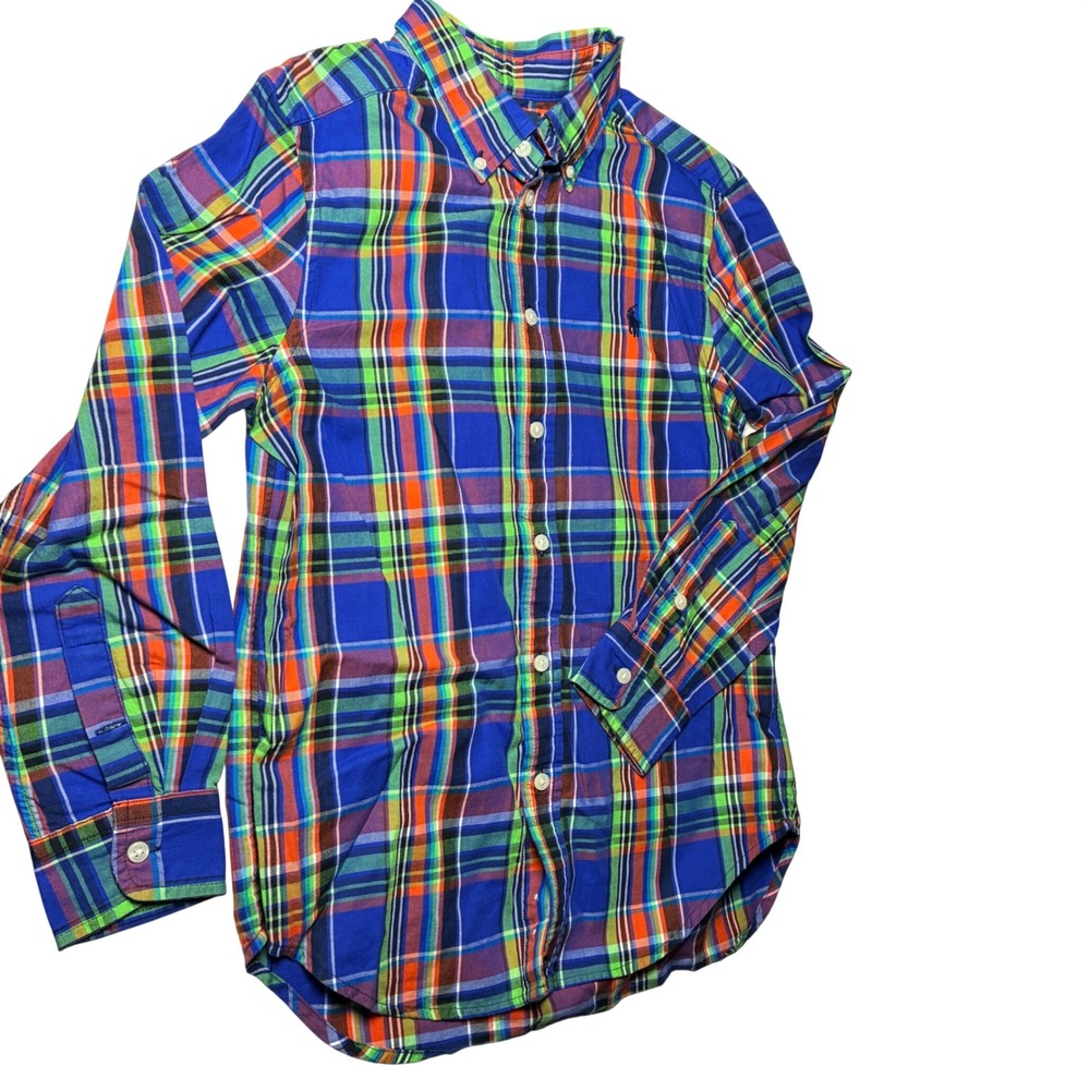 Polo Ralph Lauren Boys Madras Plaid Button Down Shirt Blue Green M 10-12